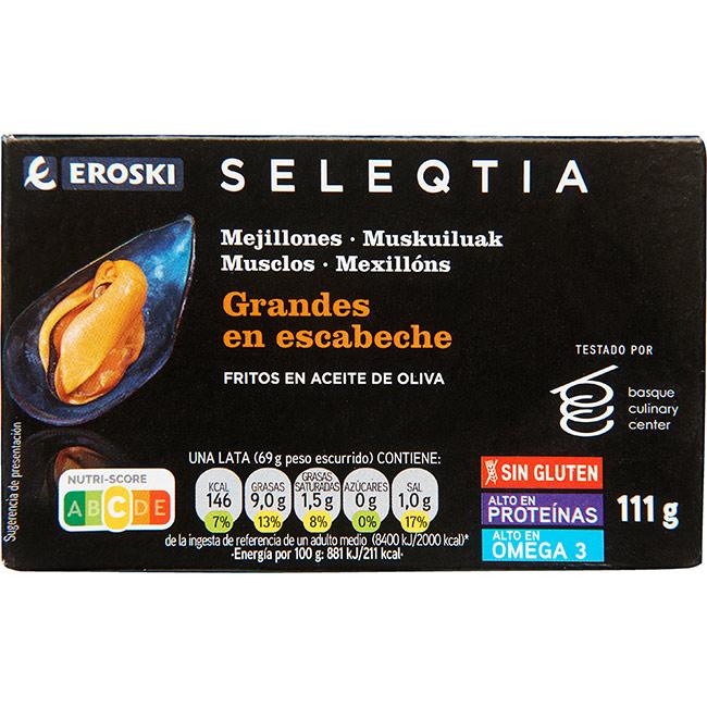 Eroski Mejillón frito en escabeche EROSKI SELEQTIA lata 111 g
