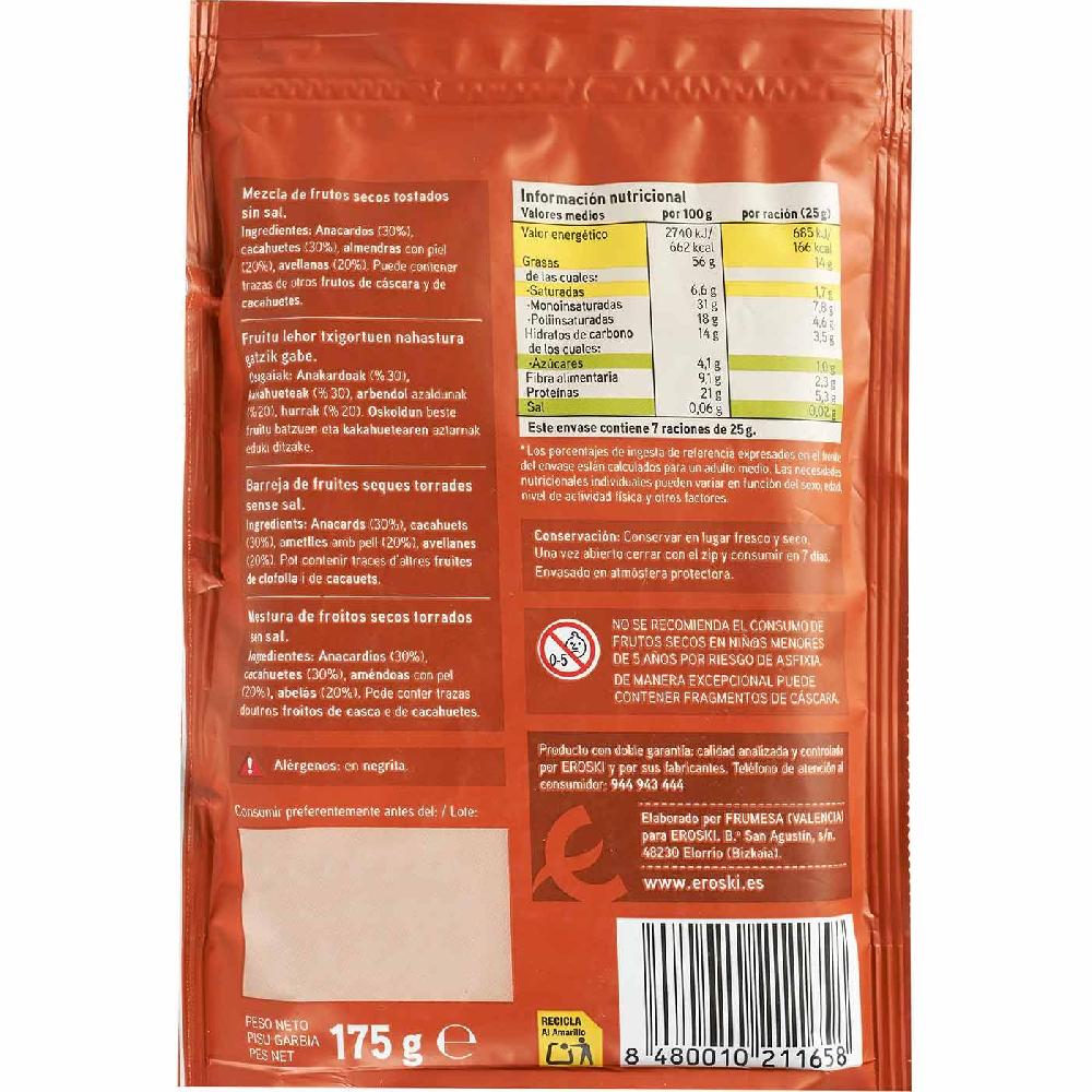 Eroski Mix De Frutos Secos Sin Sal EROSKI Bolsa 175 G