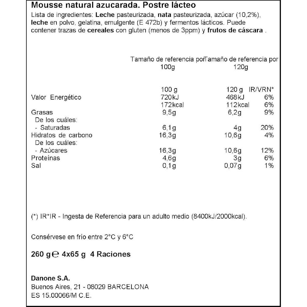 Eroski Mousse Natural Azucarado DEPOSTRE Pack 4x65 G