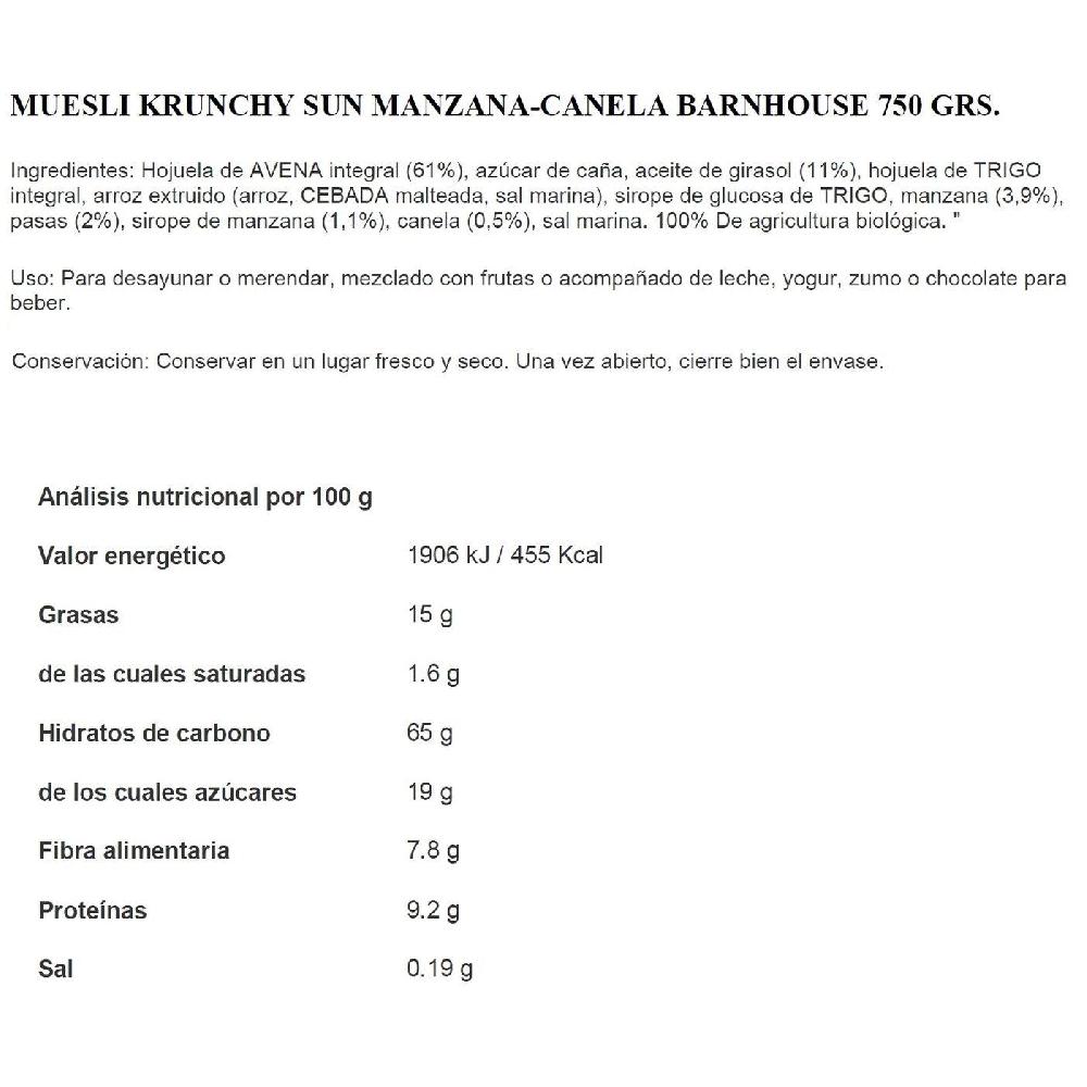 Eroski Muesly Krunchy De Manzana-canela BARNHOUSE Paquete 750 G
