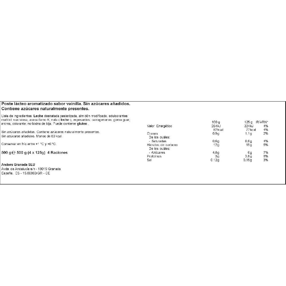 Eroski Natillas De Vainilla Sin Azúcar DHUL Pack 4x125 G