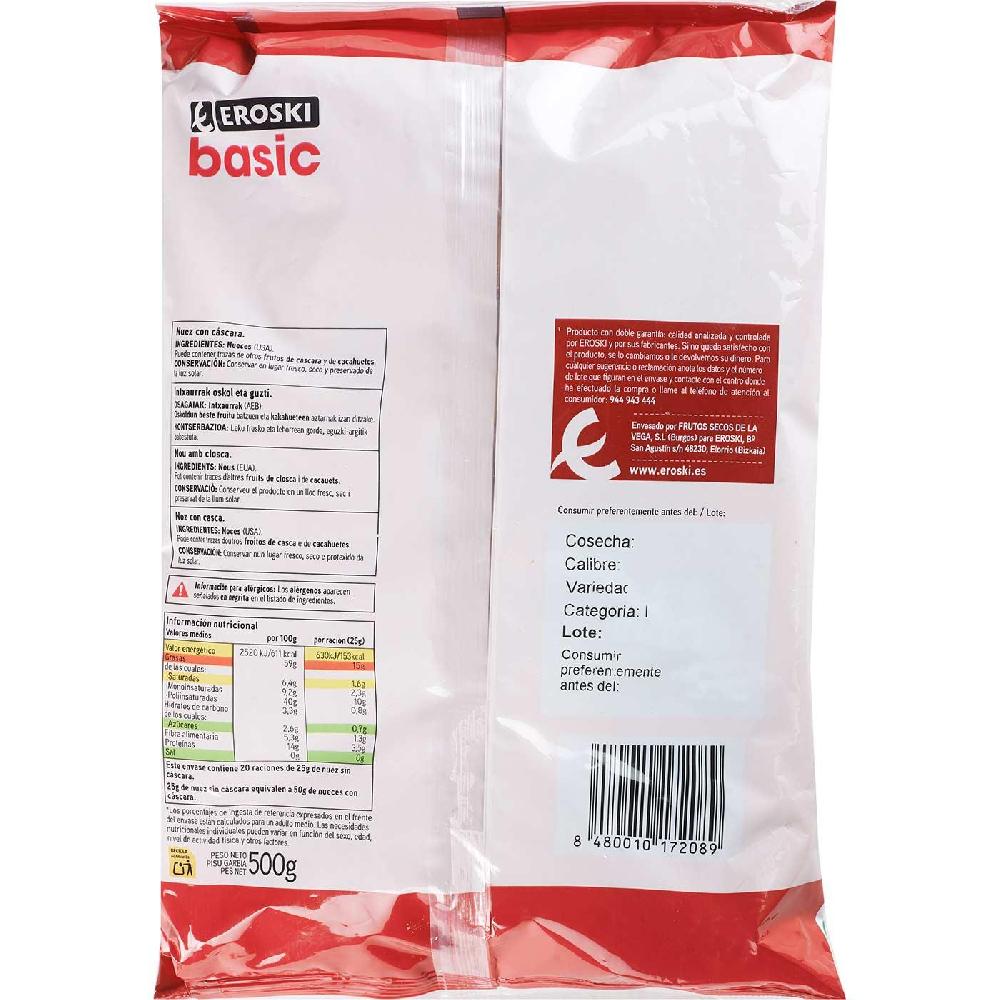 Eroski Nuez De California Con Cáscara EROSKI BASIC Bolsa 500 G