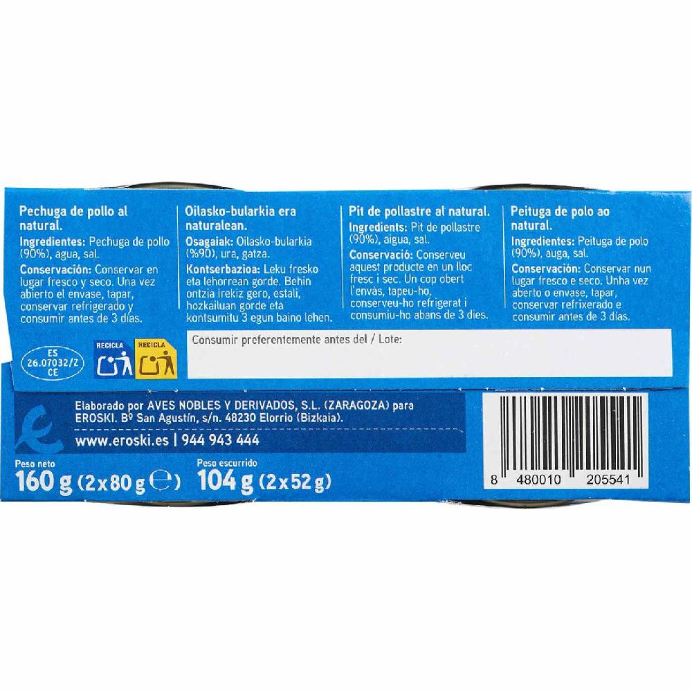 Eroski Pechuga De Pollo Al Natural EROSKI Pack 2x52 G