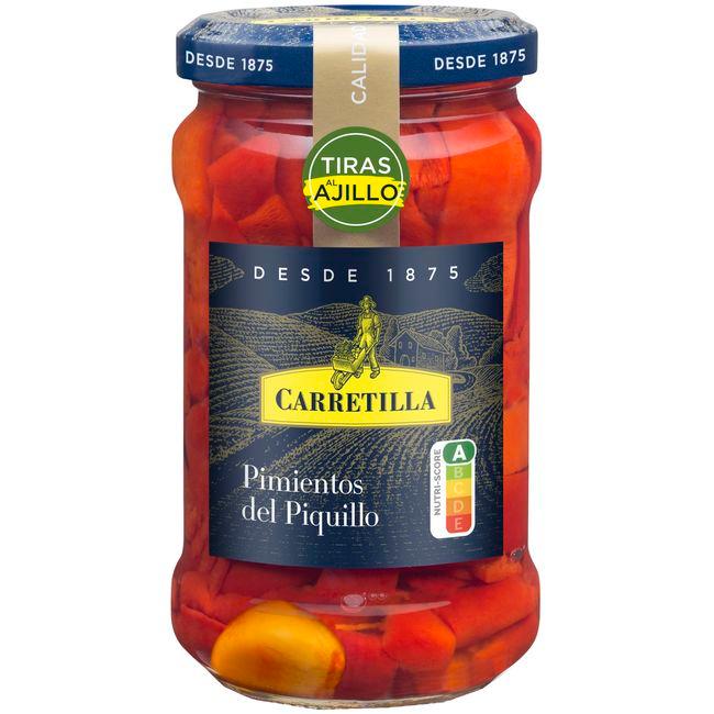 Eroski Pimiento de piquillo al ajillo en tiras CARRETILLA frasco 225 g