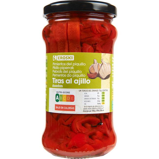 Eroski Pimiento del piquillo en tiras con ajo EROSKI frasco 225 g