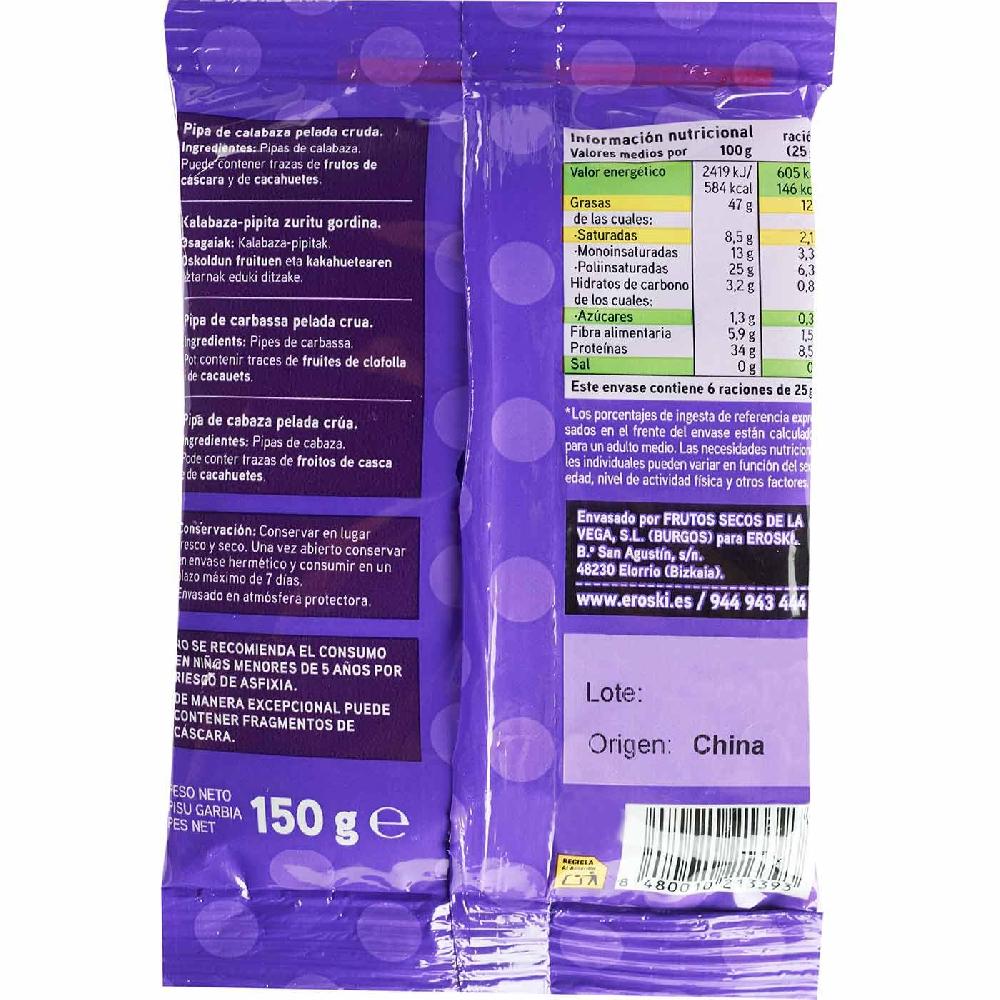 Eroski Pipa De Cabalaza Repelada Cruda EROSKI Bolsa 150 G