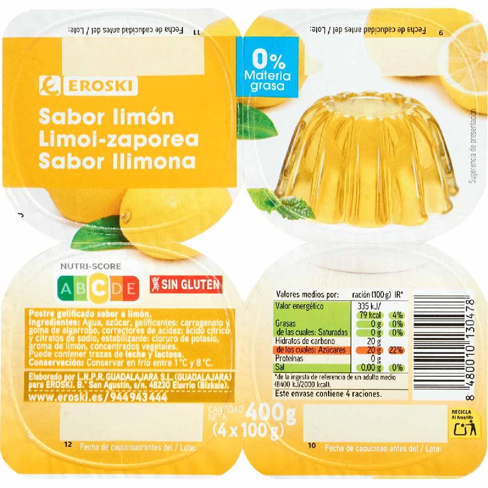 Eroski Postre Gelificado Sabor Limón EROSKI Pack 4x100 G