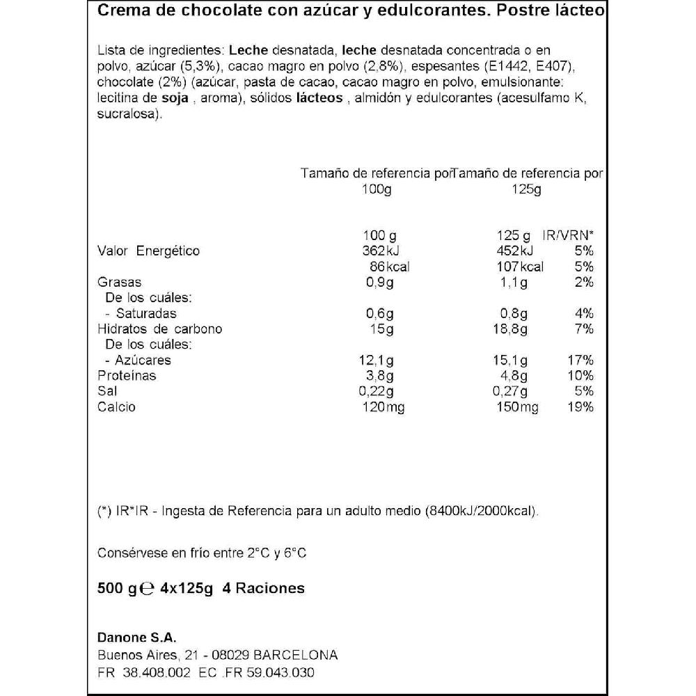 Eroski Postre Lácteo Crema De Chocolate 0% VITALÍNEA Pack 4x125 G