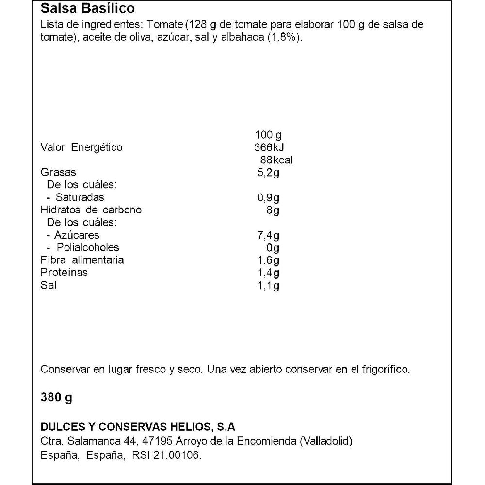 Eroski Salsa Basilico Para Pasta HELIOS Frasco 380 G