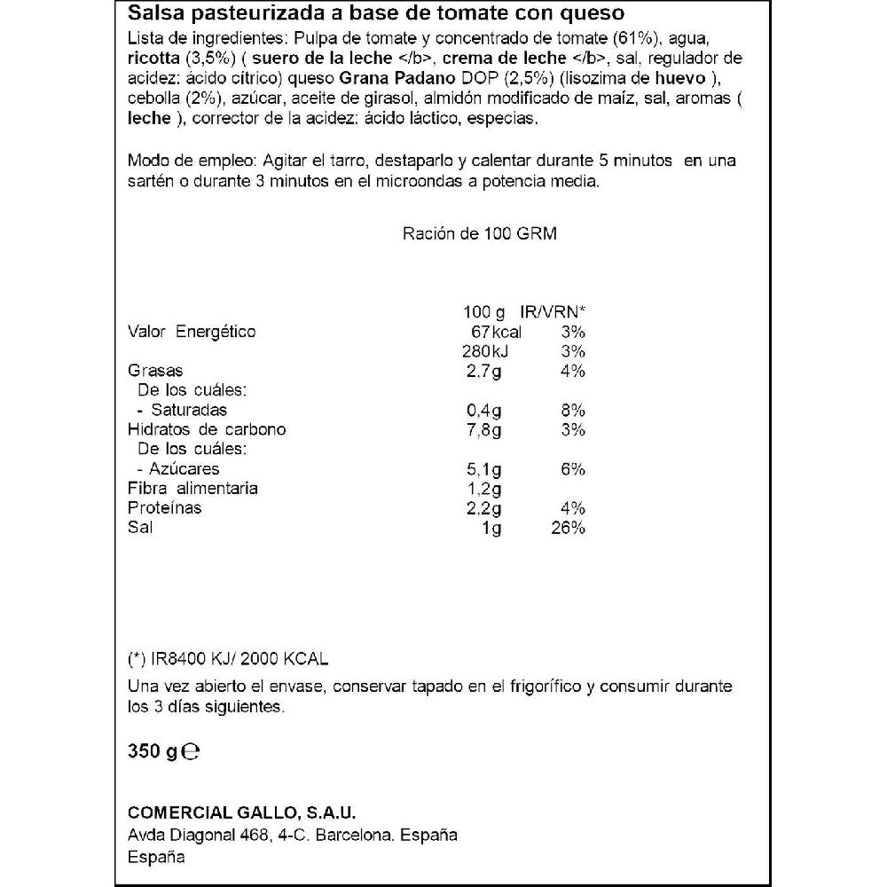 Eroski Salsa Para Pasta Grana Padano GALLO Frasco 350 G