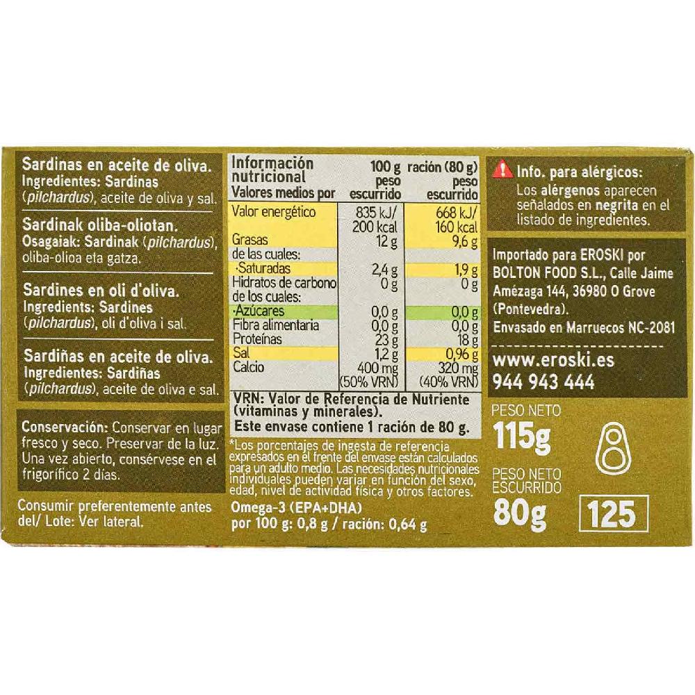 Eroski Sardina En Aceite De Oliva 3/5 Piezas EROSKI Lata 115 G