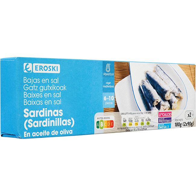 Eroski Sardinilla En Aceite De Oliva Baja En Sal EROSKI Pack 2x90 G