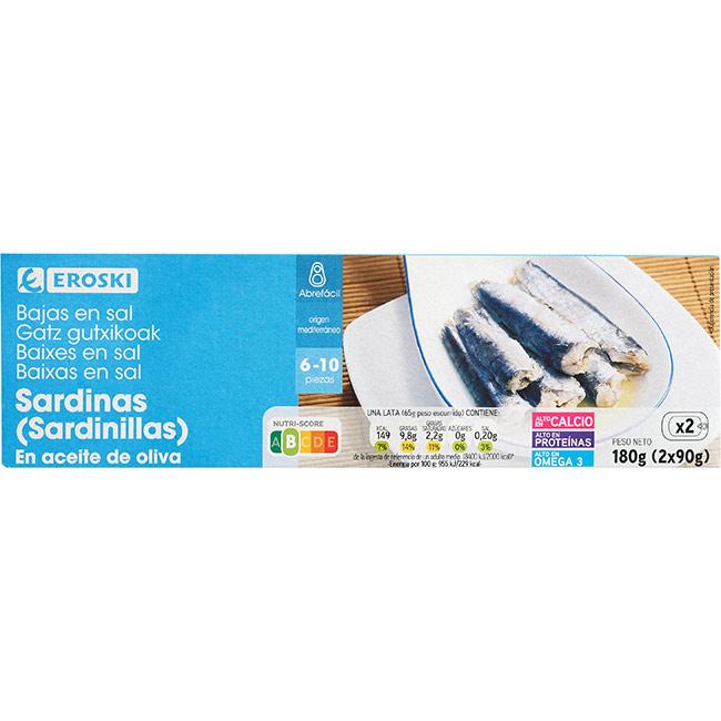 Eroski Sardinilla en aceite de oliva baja en sal EROSKI pack 2x90 g