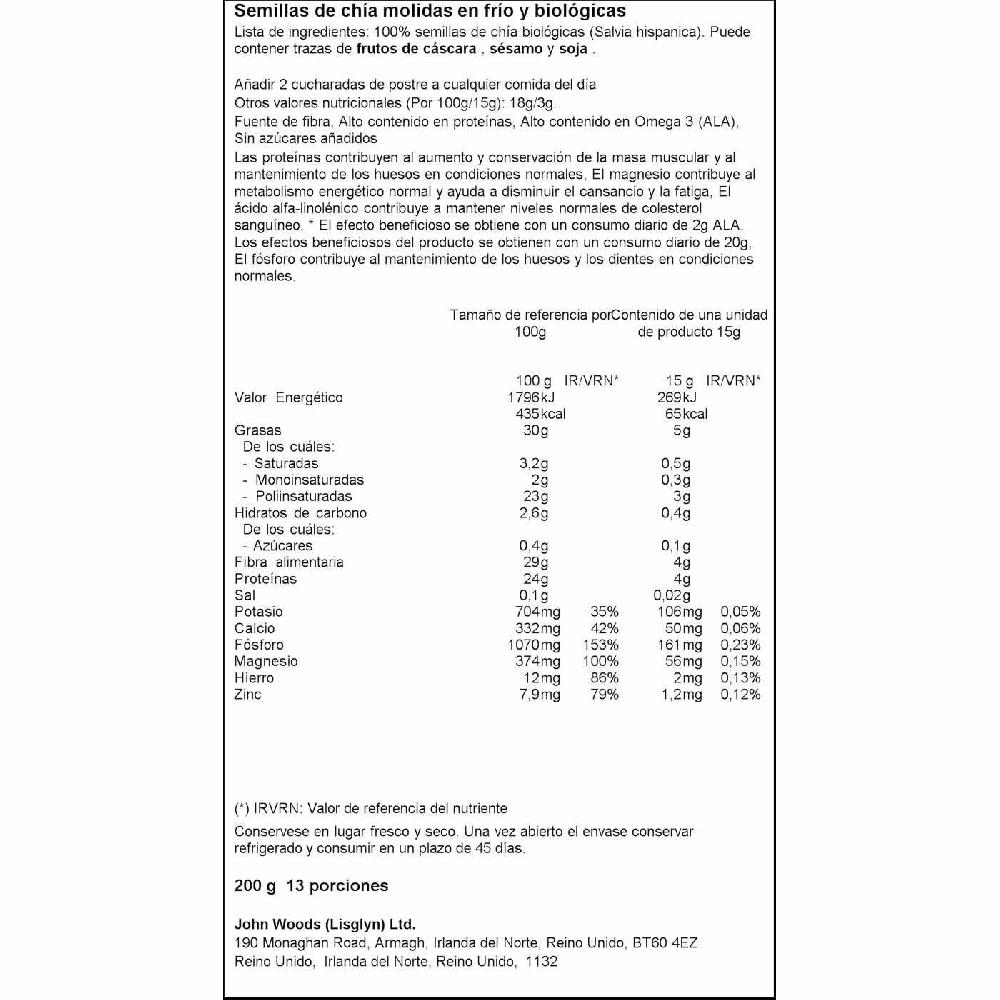 Eroski Semillas De Chía Molidas Bio LINWOODS Bolsa 200 G
