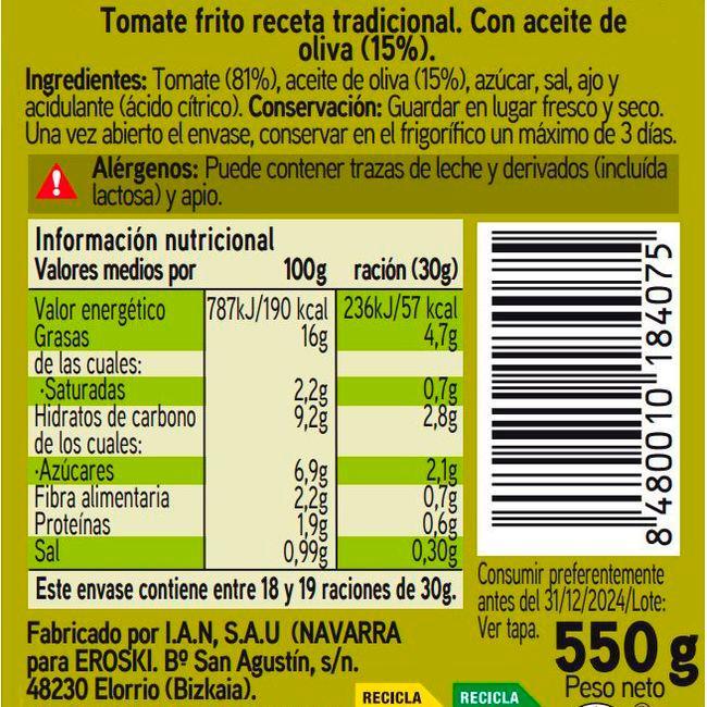 Eroski Tomate Frito C/ Aceite De Oliva Tradicional EROSKI Frasco 550 G