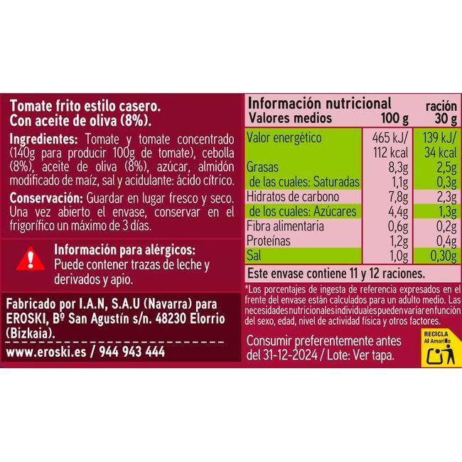 Eroski Tomate Frito Casero Con Aceite De Oliva EROSKI Frasco 350 G