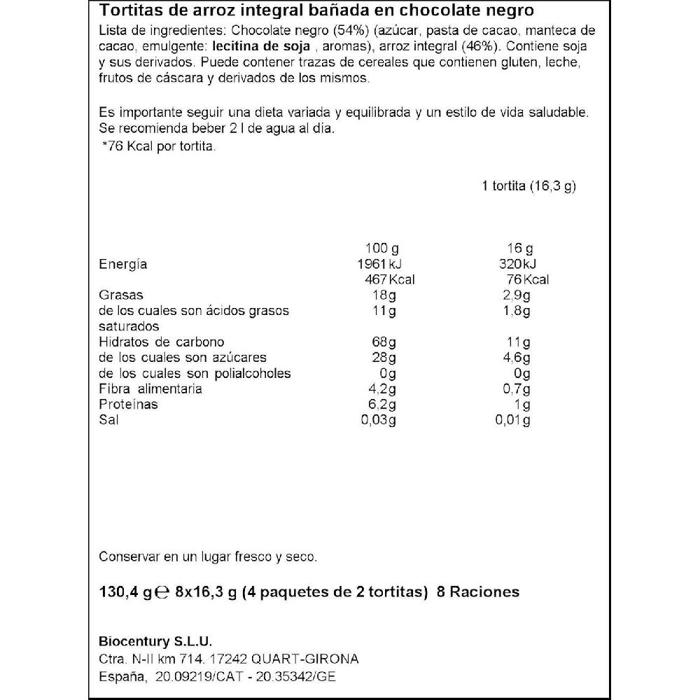 Eroski Tortitas De Arroz Con Chocolate Negro BIOCENTURY Paquete 140 G