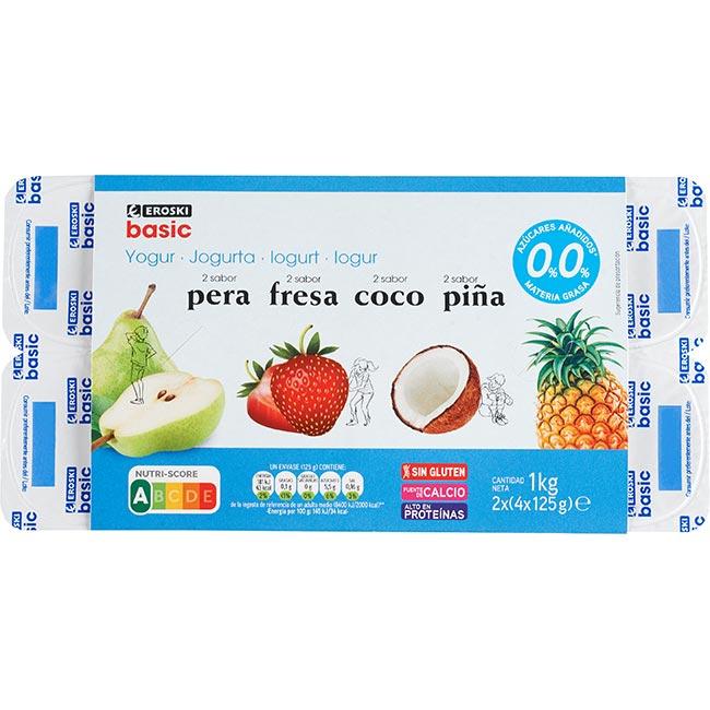 Eroski Yog.0 0% Sabor Fresa-piñ-pera-coco EROSKI Basic Pack 8x125g