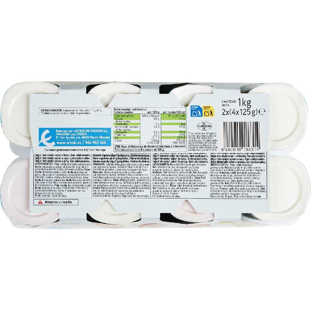 Eroski Yog.0 0% Sabor Fresa-piñ-pera-coco EROSKI Basic Pack 8x125g