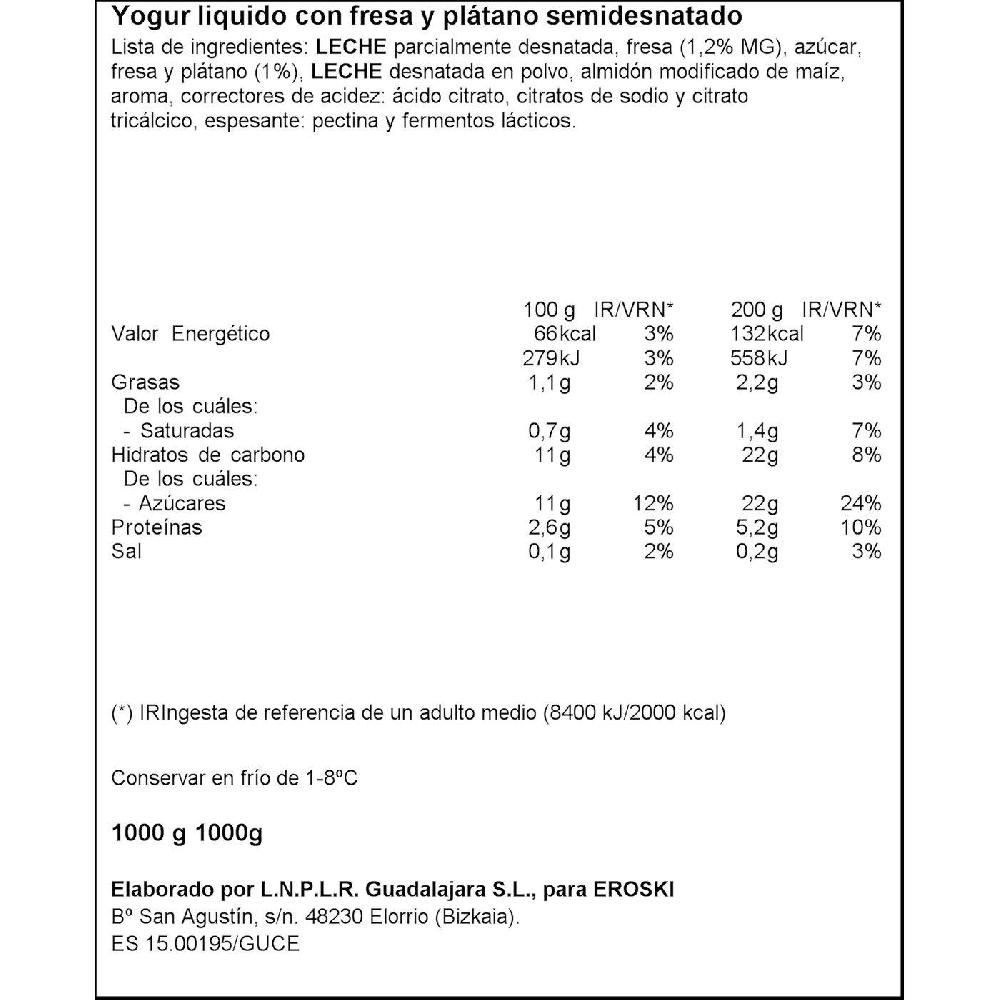 Eroski Yogur Líquido Sabor Fresa-plátano EROSKI Botella 1 Litro