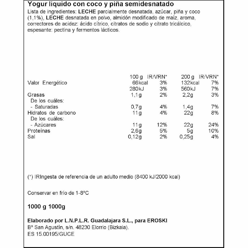 Eroski Yogur Líquido Sabor Piña-coco EROSKI Botella 1 Litro