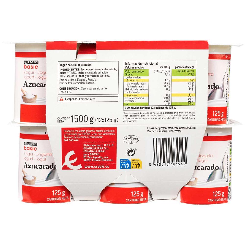 Eroski Yogur Natural Azucarado EROSKI Basic Pack 12x125 G