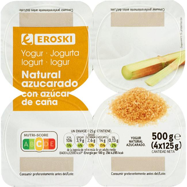 Eroski Yogur Natural Con Azúcar De Caña EROSKI Pack 4x125 G
