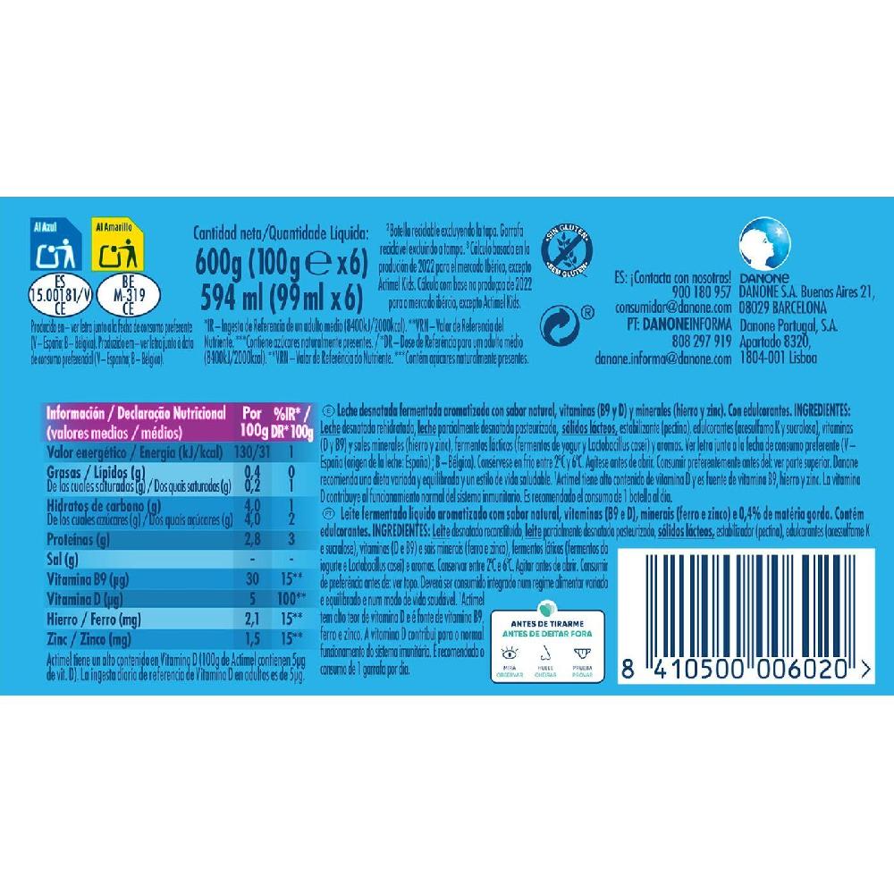 Eroski Yogur Para Beber Natural 0% ACTIMEL Pack 6x100 Ml