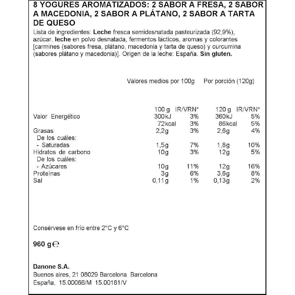 Eroski Yogur Sabor Fresa-maced.-limón-tarta Queso DANONE Pack 8x120 G