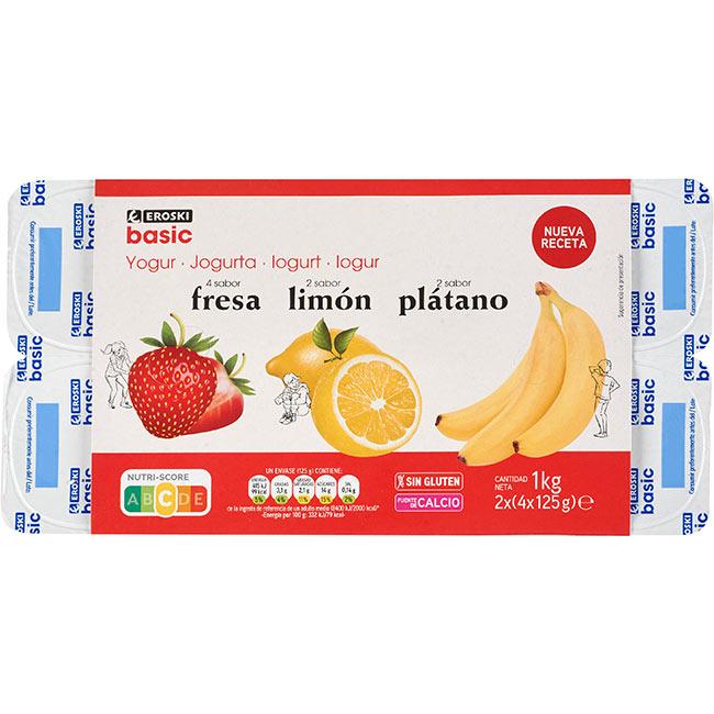 Eroski Yogur Sabor Fresa-plátano-limón EROSKI BASIC Pack 8x125 G