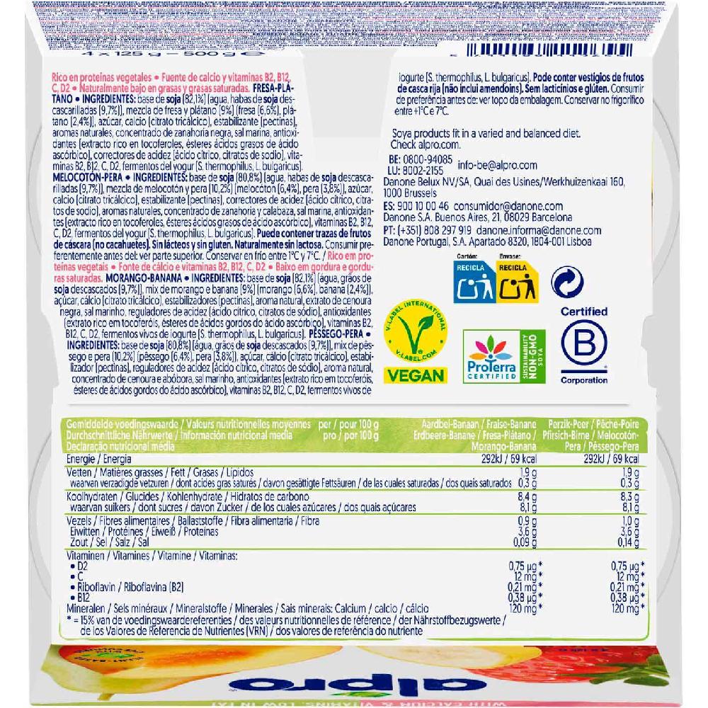 Eroski Yogur Sabor Fresa-plátano-pera-melocoton ALPRO Pack 4x125 G