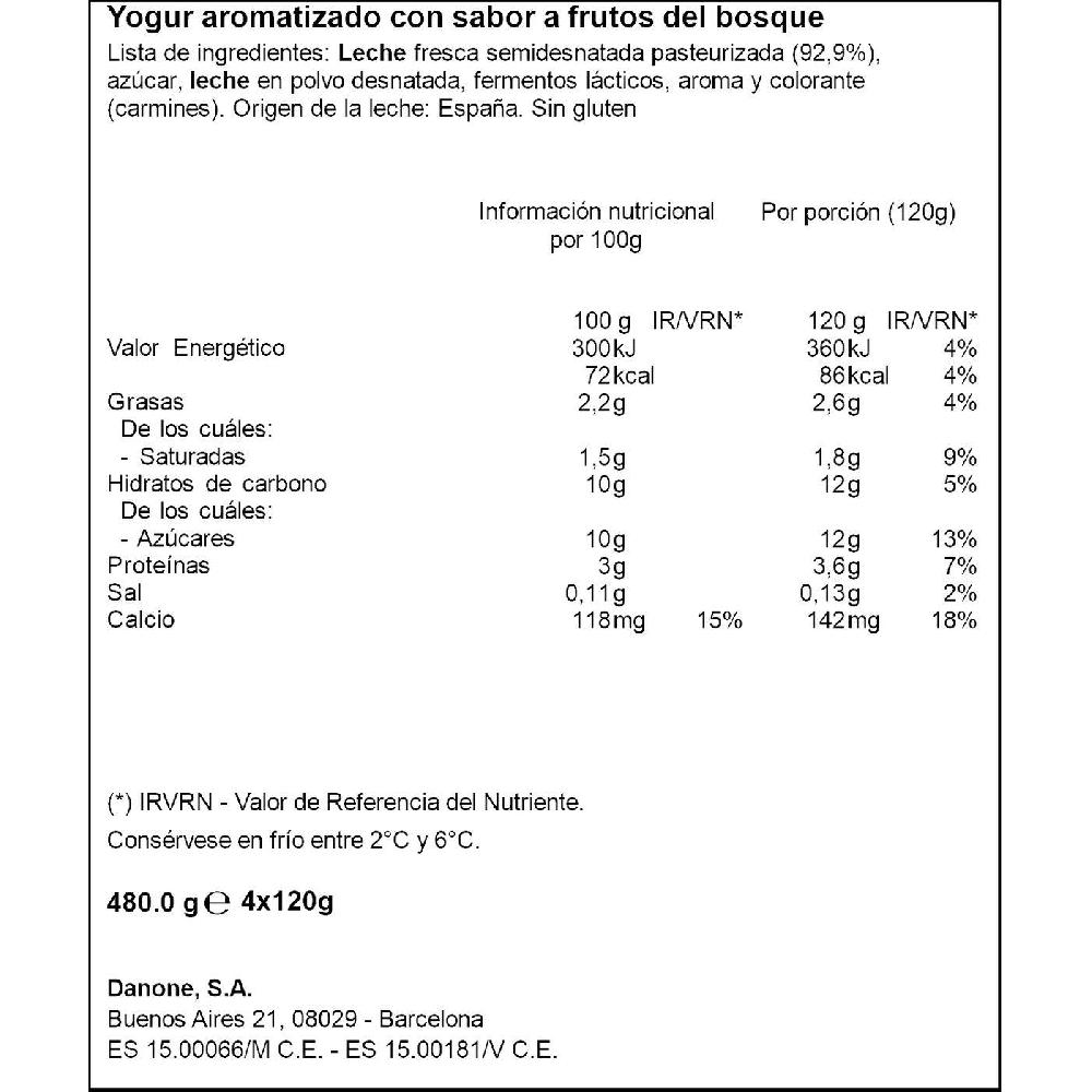 Eroski Yogur Sabor Frutos Bosque DANONE Pack 4x120 G