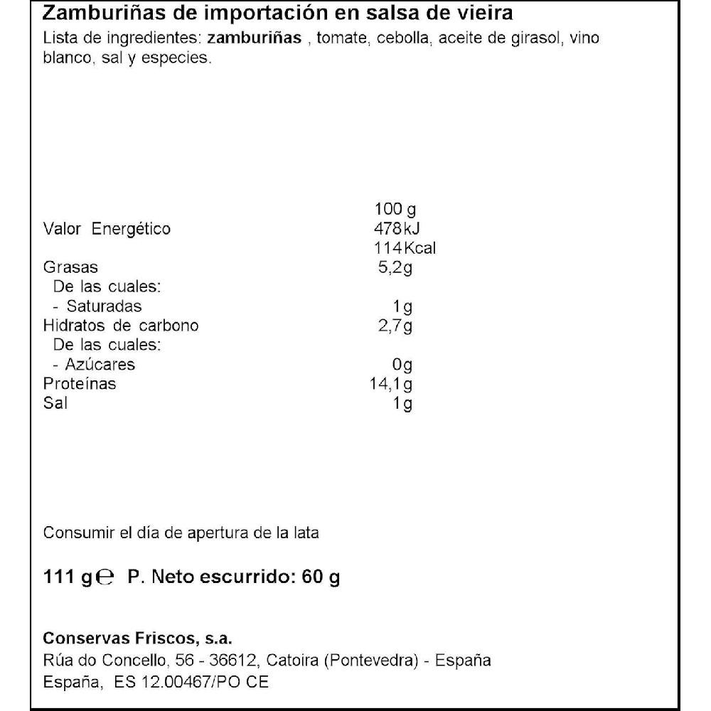 Eroski Zamburiñas En Salsa Vieira FRISCOS Lata 111 G