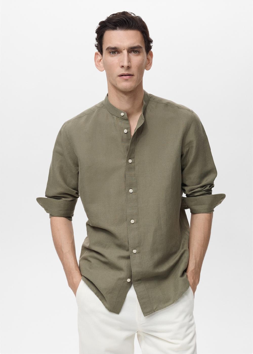 Mango Camisa lino cuello mao