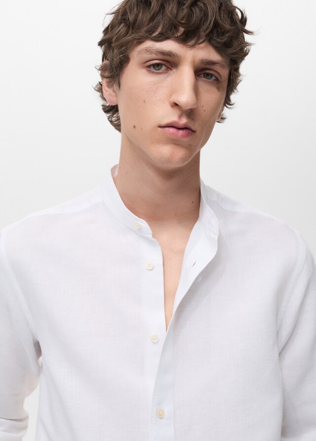 Mango Camisa Lino Cuello Mao