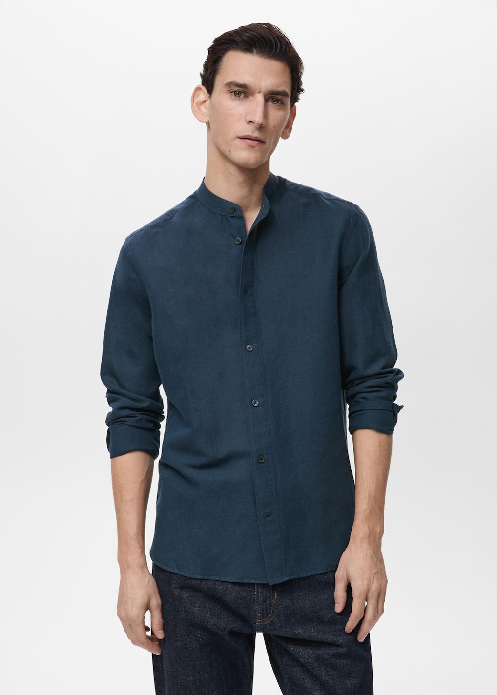 Mango Camisa lino cuello mao