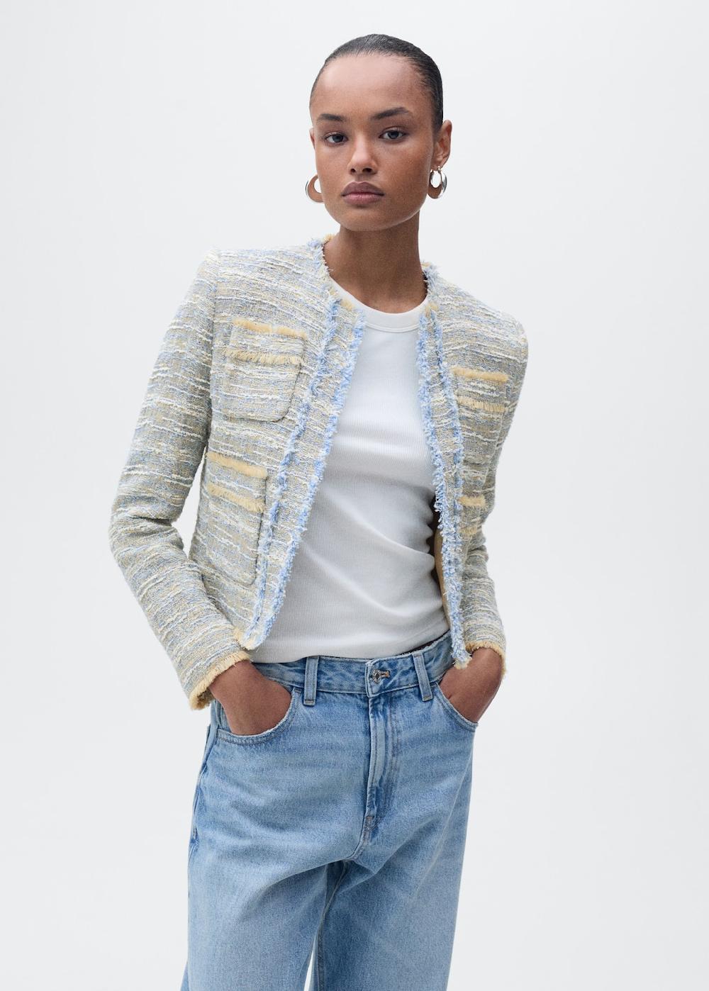 Mango Chaqueta tweed terminaciones deshilachadas