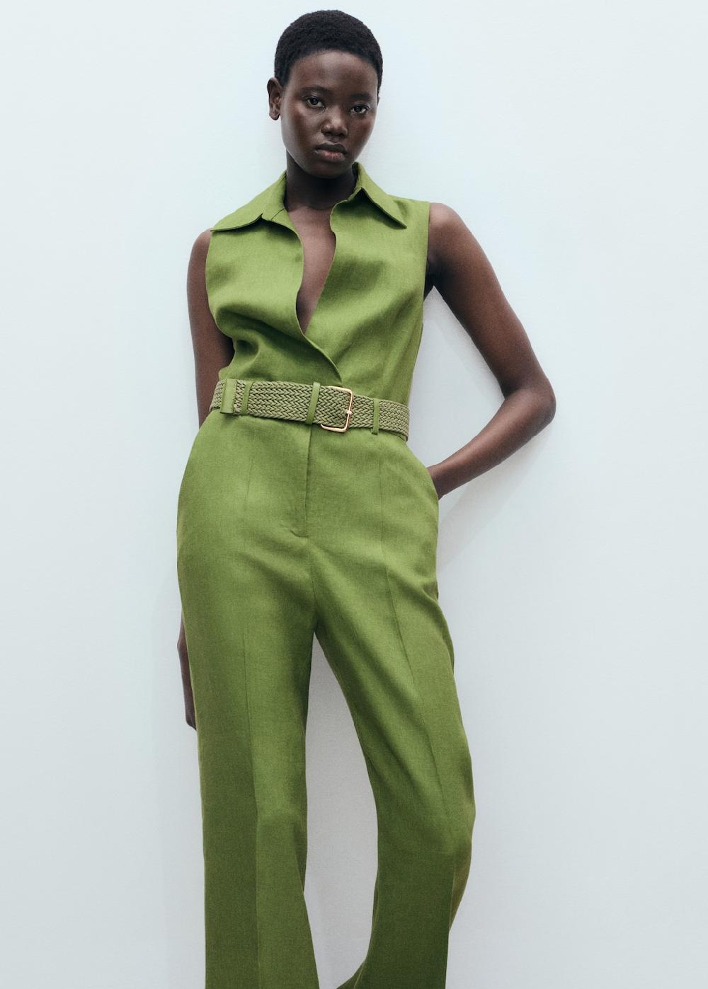 Mango Mono camisero lino cinturón