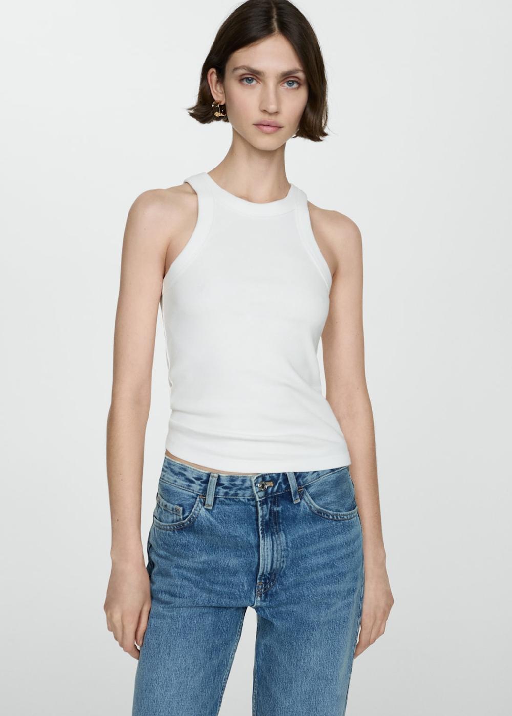 Mango Top canalé algodón