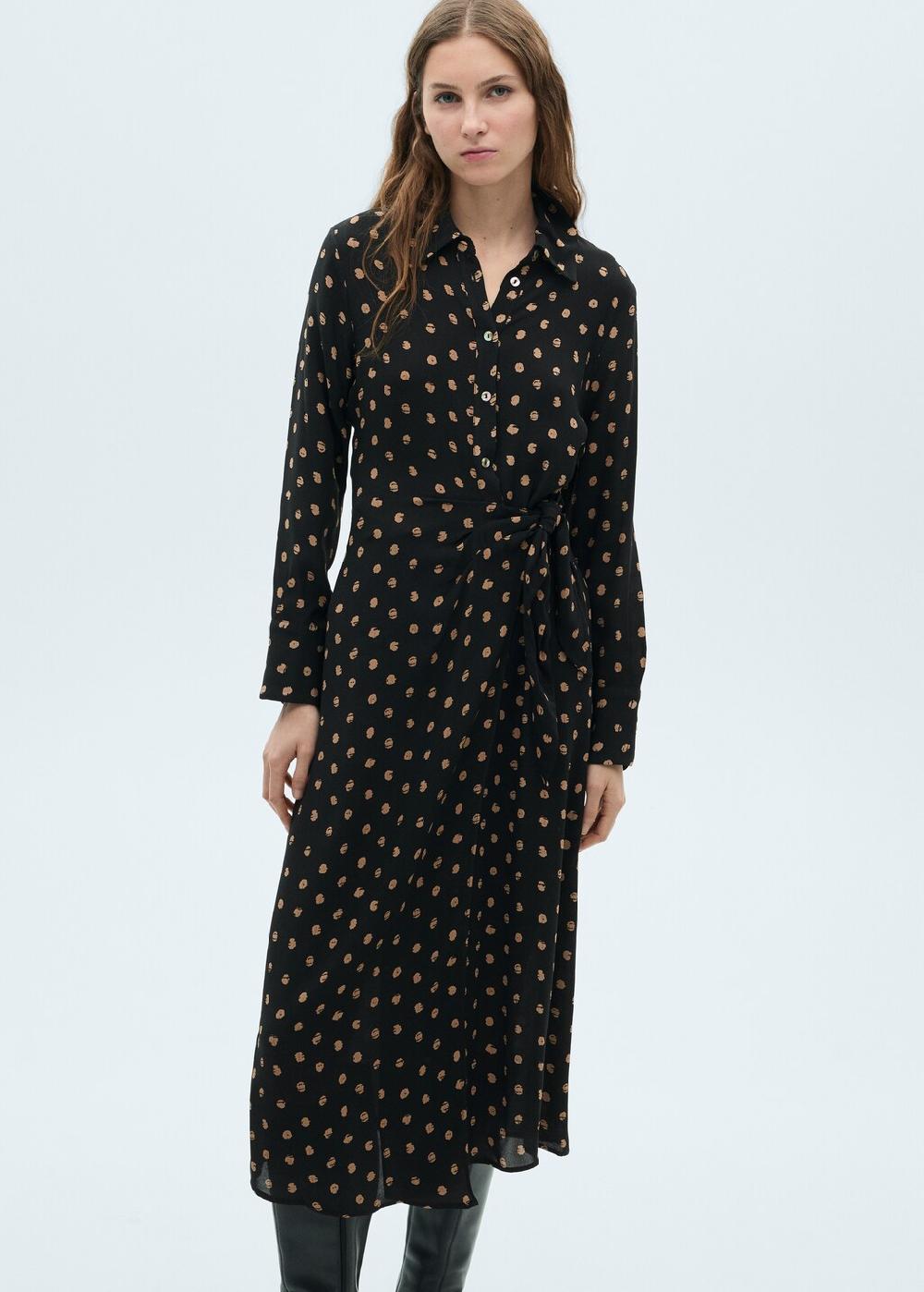 Mango Vestido camisero topos detalle nudo