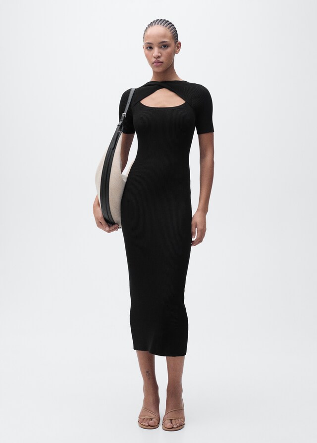 Mango Vestido Midi Canalé Escote Abertura