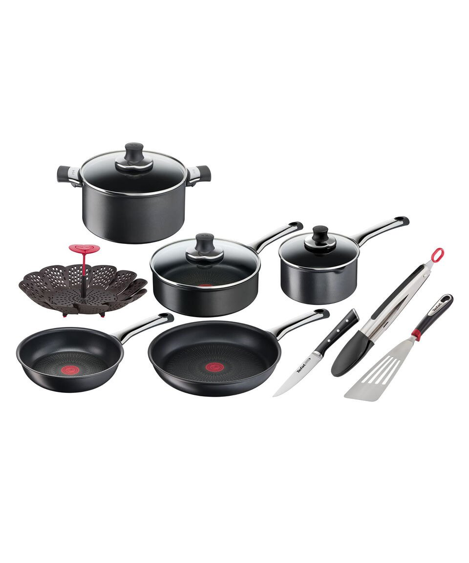T-fal Batería de Cocina en aluminio Hard Titanium Pro 12 Piezas Negra