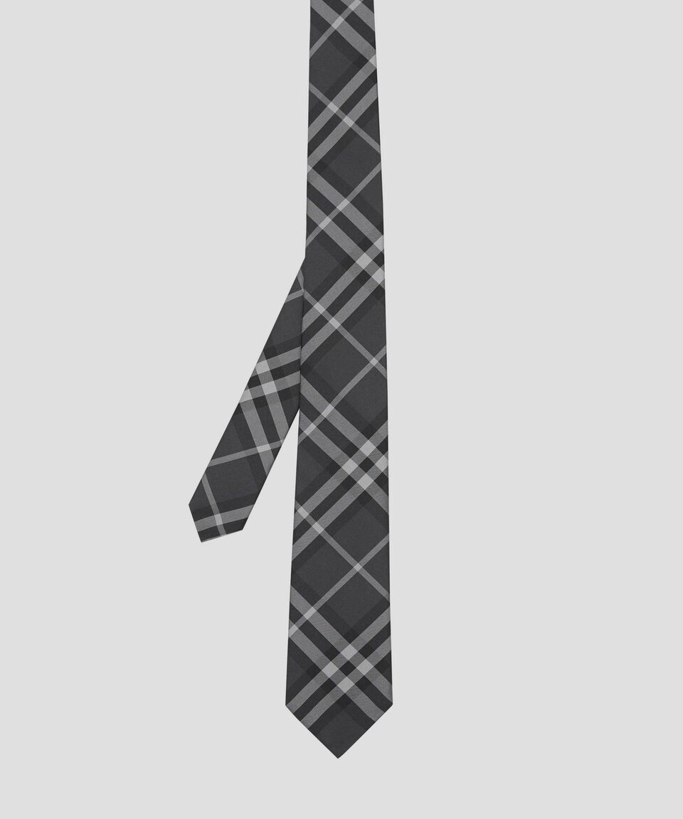 Burberry Corbata Ancha En Seda Gris Con Cuadros