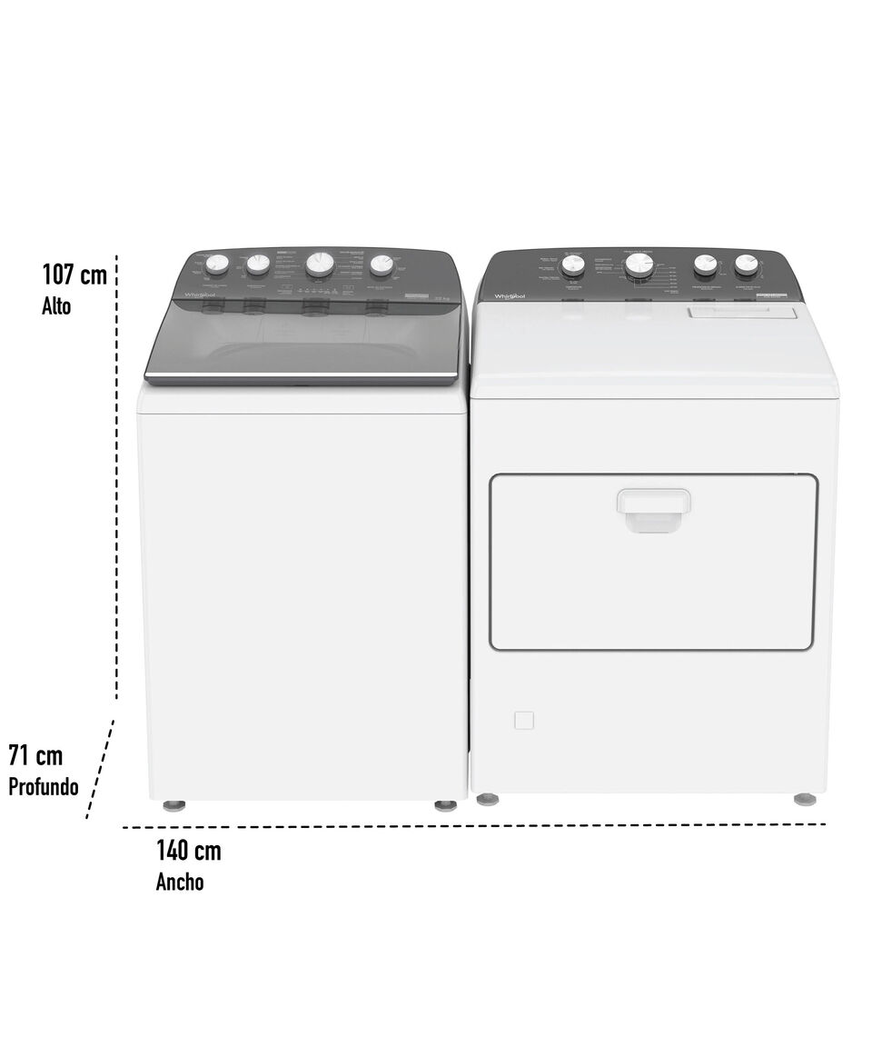 Whirlpool Combo Lavadora Carga Superior 22 Kg + Secadora A Gas Carga Frontal 21 Kg Blanco
