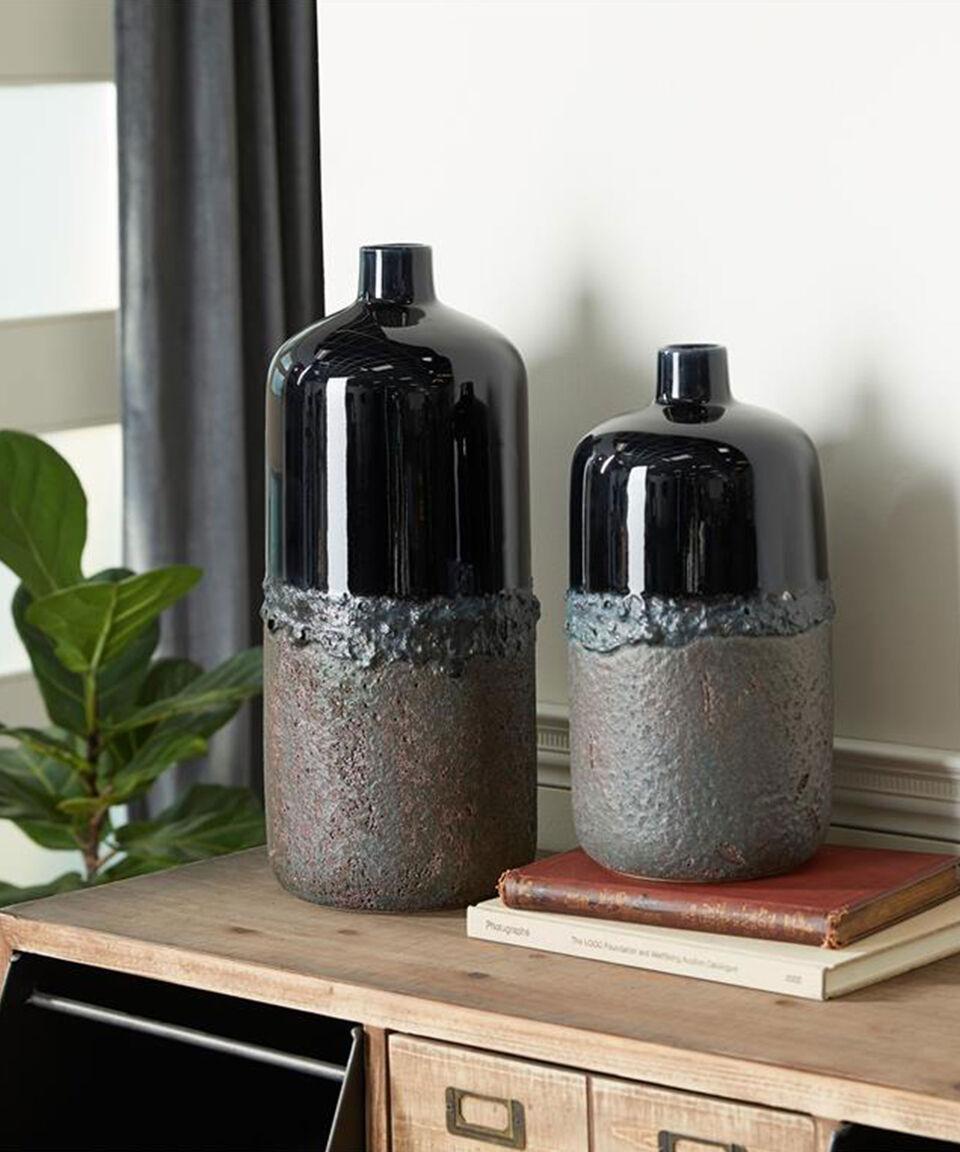 Uma Florero Decorativo Rústico Grande En Cerámica Black Grey