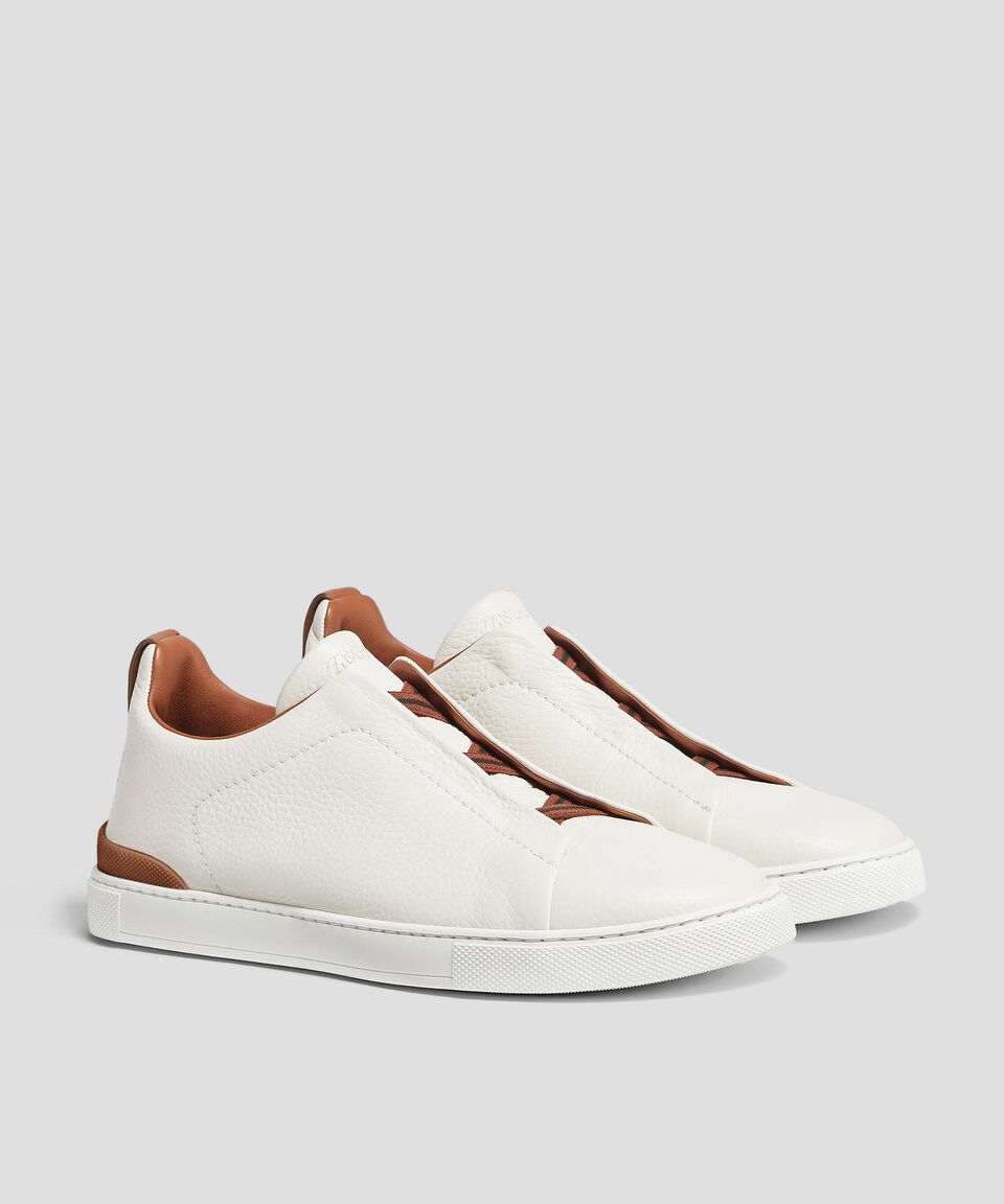 Zegna Tenis Casuales Triple Stitch En Piel Blanca Hombre