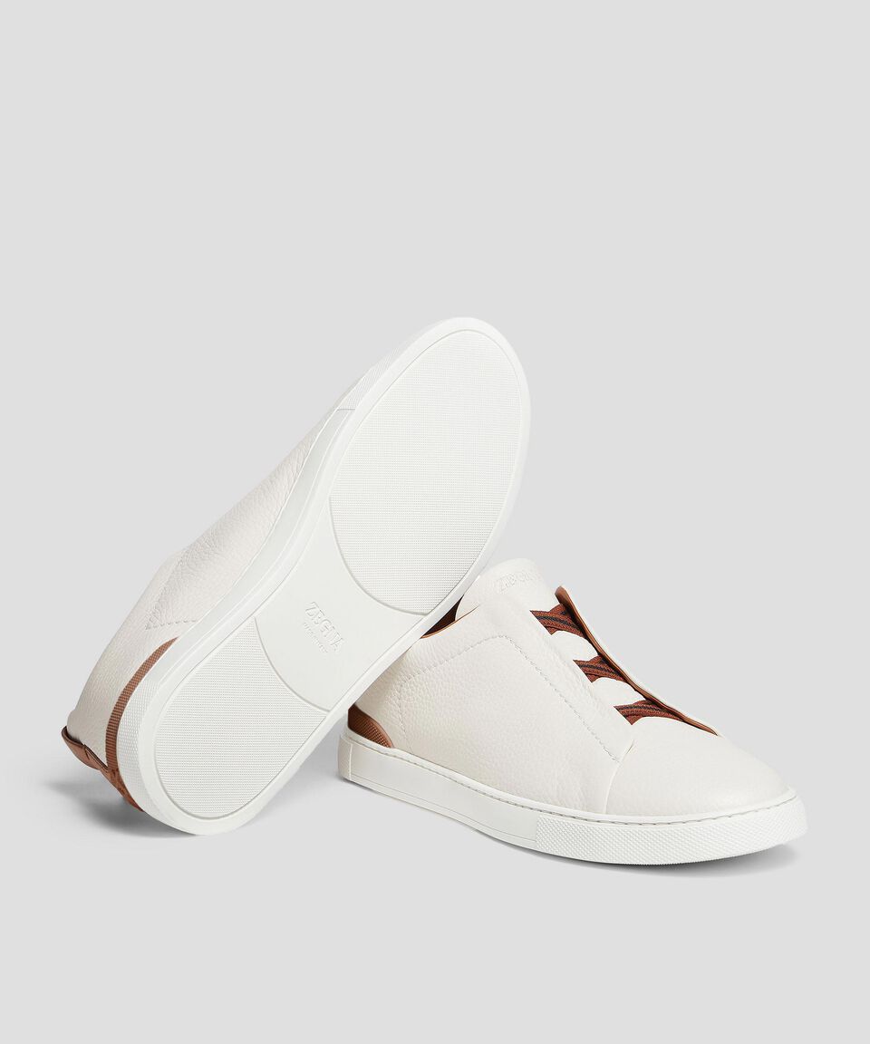 Zegna Tenis Casuales Triple Stitch En Piel Blanca Hombre