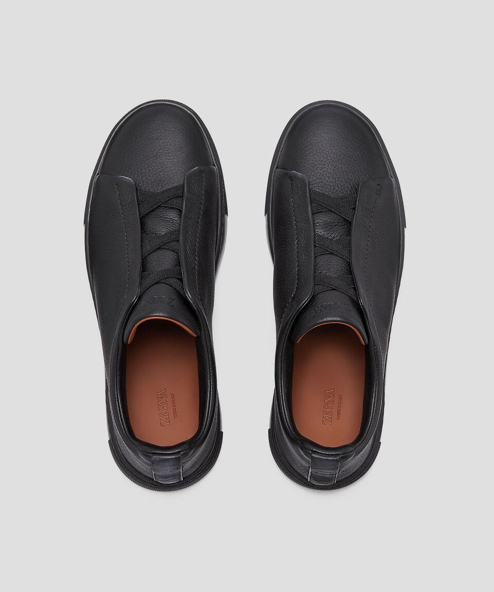 Zegna Tenis Casuales Triple Stitch En Piel Negra Hombre