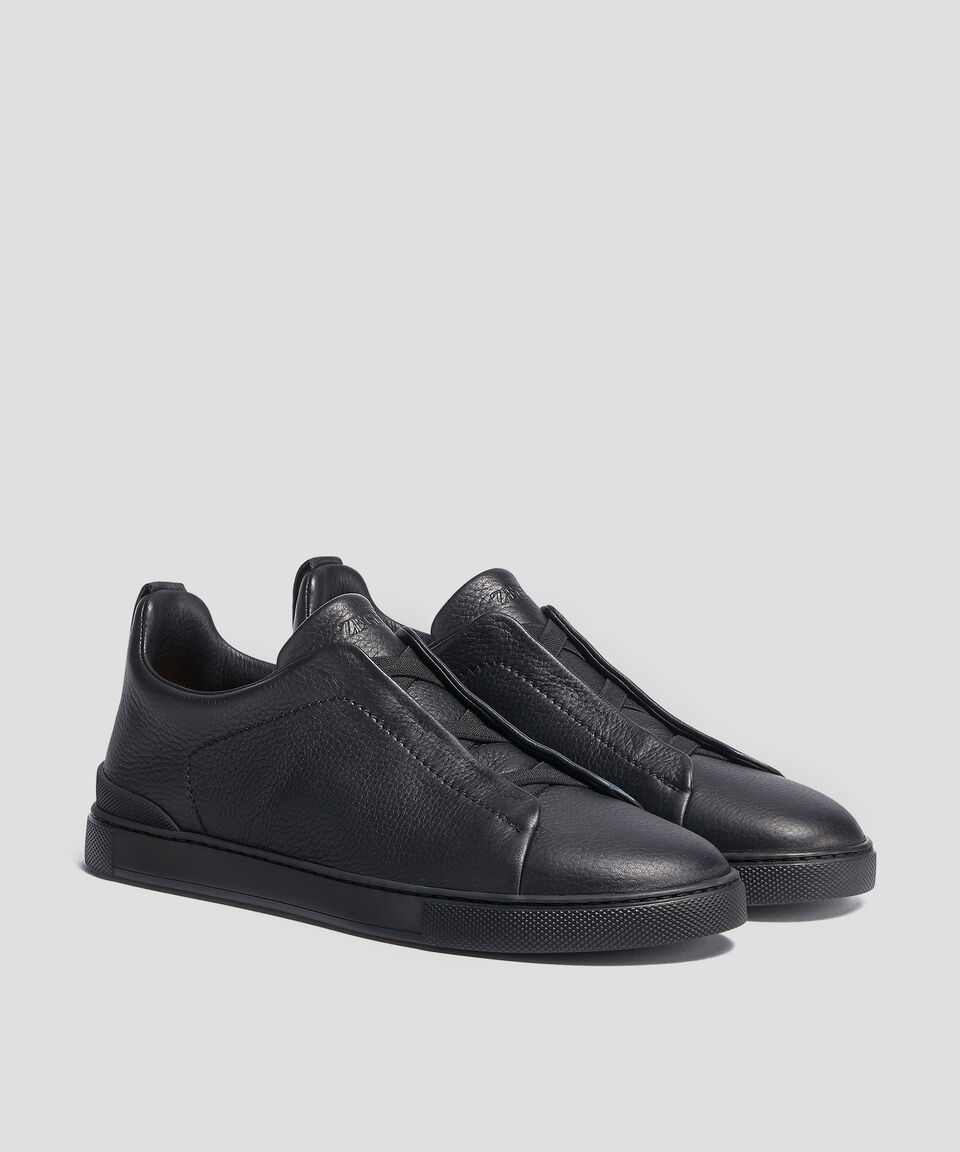 Zegna Tenis Casuales Triple Stitch En Piel Negra Hombre