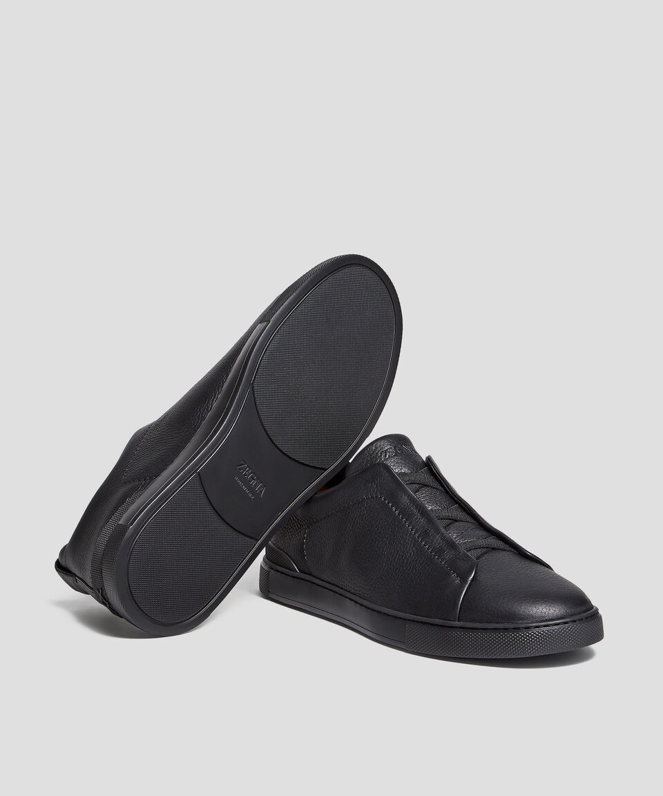Zegna Tenis Casuales Triple Stitch En Piel Negra Hombre